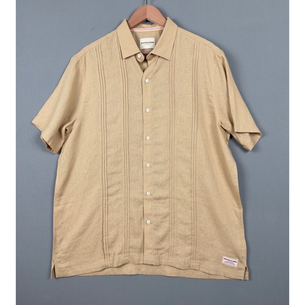 Scotch & Soda Amsterdam‎ Linen Blend Shirt Mens Large Tan Short Sleeve Button Up